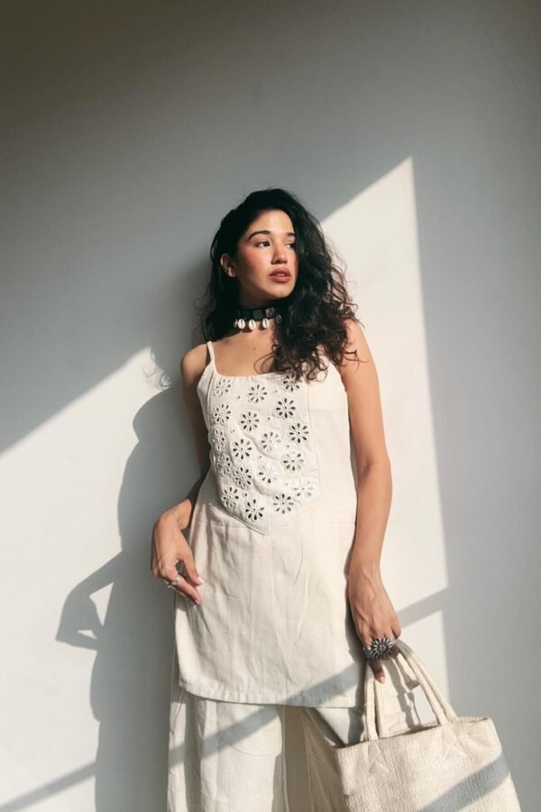 Noodle Strap Sleeveless Kurta With Elegant Heavy Mirror Embroidery
