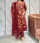 Pure Cotton Floral Printed Suit in Elegant Rust Red Tones