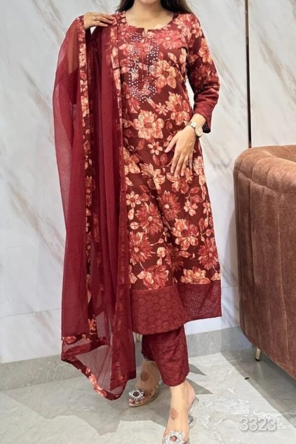 Pure Cotton Floral Printed Suit in Elegant Rust Red Tones