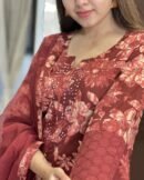 Pure Cotton Floral Printed Suit in Elegant Rust Red Tones