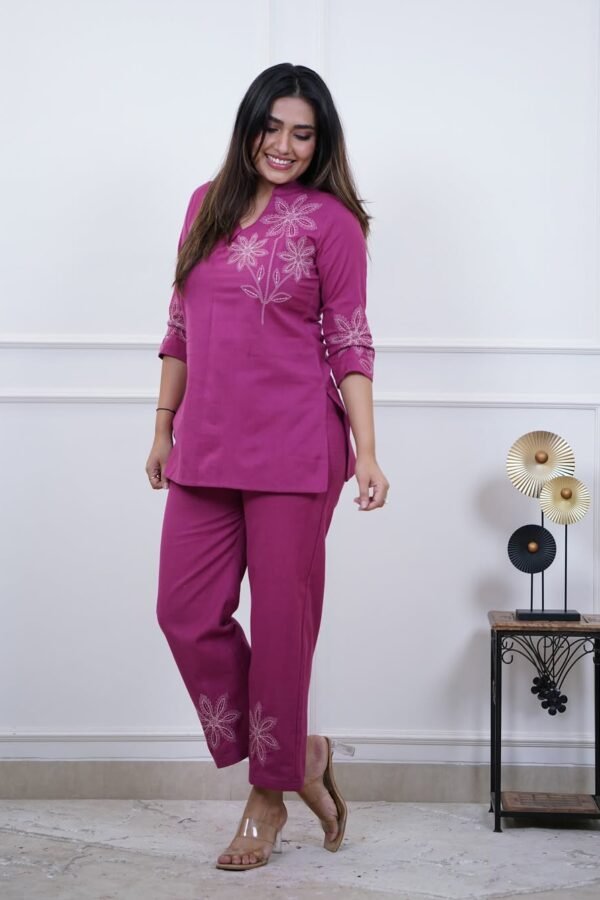 Solid Floral– Embroidered Cotton Coord Set